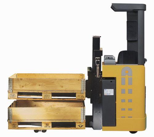 electric stacker truck / ride-on / narrow-aisle / double-pallet